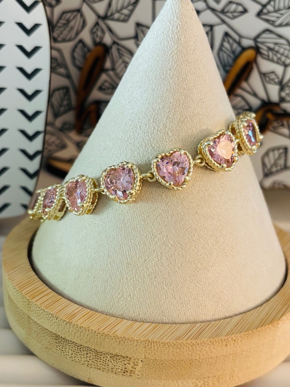 Pink Heart Gemstone Toggle Bracelet Gold Tone